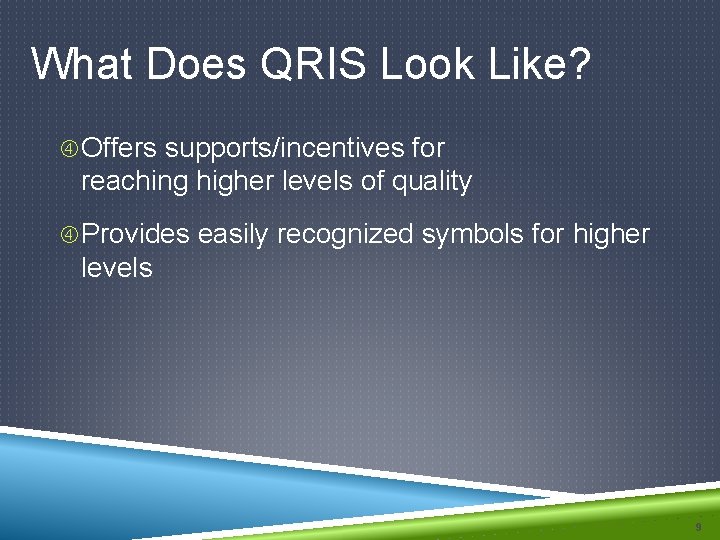 What Does QRIS Look Like? Offers supports/incentives for reaching higher levels of quality Provides