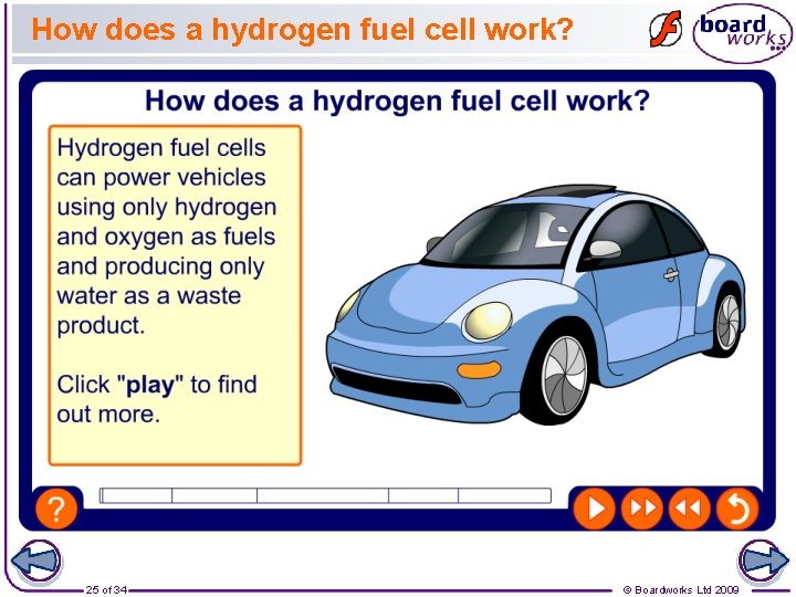 How does a hydrogen fuel cell work? 25 of 34 © Boardworks Ltd 2009