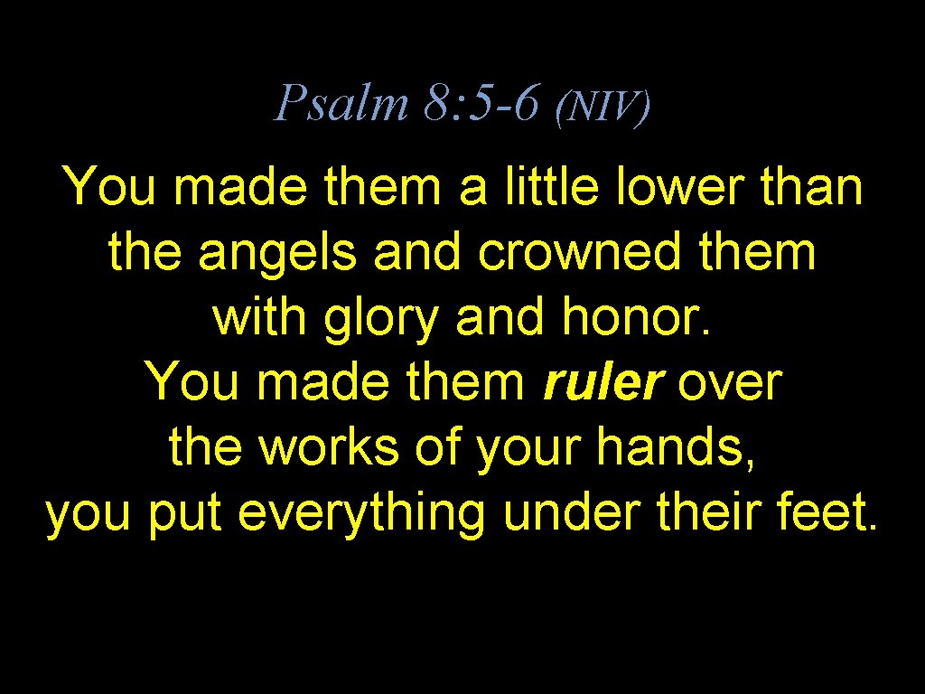 Psalm 8: 5 -6 (NIV) You made them a little lower than the angels