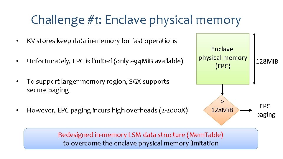 Challenge #1: Enclave physical memory • KV stores keep data in-memory for fast operations