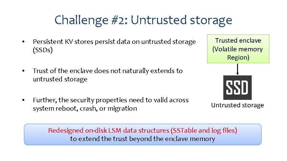 Challenge #2: Untrusted storage • Persistent KV stores persist data on untrusted storage (SSDs)