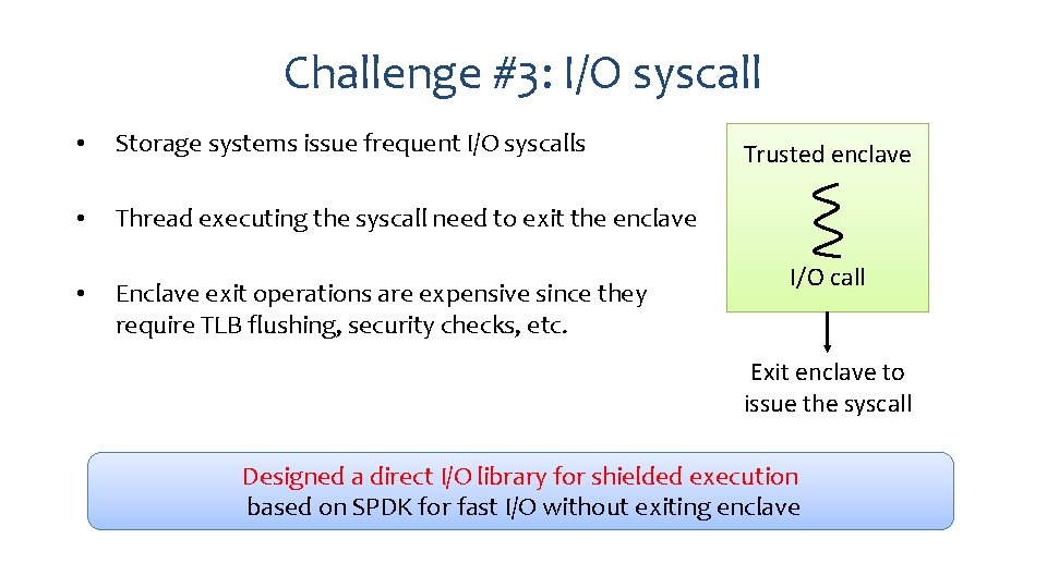 Challenge #3: I/O syscall • Storage systems issue frequent I/O syscalls • Thread executing