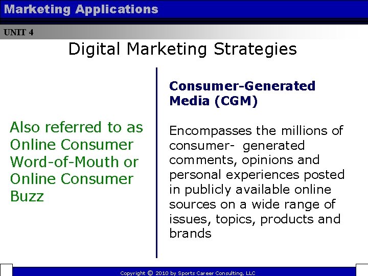 Marketing Applications UNIT 4 Digital Marketing Strategies Consumer-Generated Media (CGM) Also referred to as Marketing Applications UNIT 4 Digital Marketing Strategies Consumer-Generated Media (CGM) Also referred to as