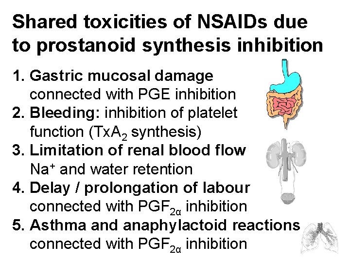 Shared toxicities of NSAIDs due to prostanoid synthesis inhibition 1. Gastric mucosal damage connected