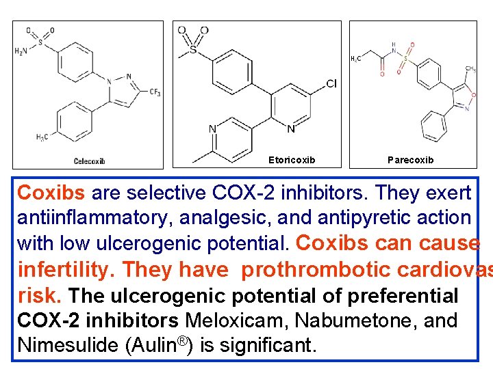 Etoricoxib Parecoxib Coxibs are selective COX-2 inhibitors. They exert antiinflammatory, analgesic, and antipyretic action