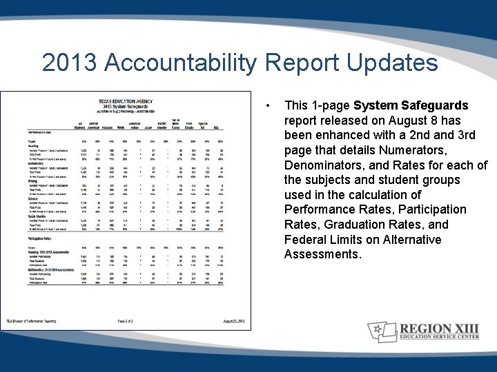 2013 Accountability Report Updates • This 1 -page System Safeguards report released on August