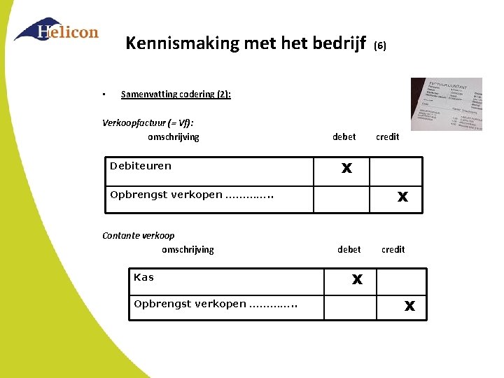 Kennismaking met het bedrijf • (6) Samenvatting codering (2): Verkoopfactuur (= Vf): omschrijving Debiteuren