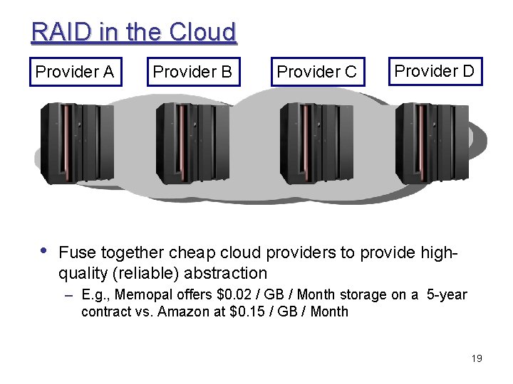RAID in the Cloud Provider A • Provider B Provider C Provider D Fuse
