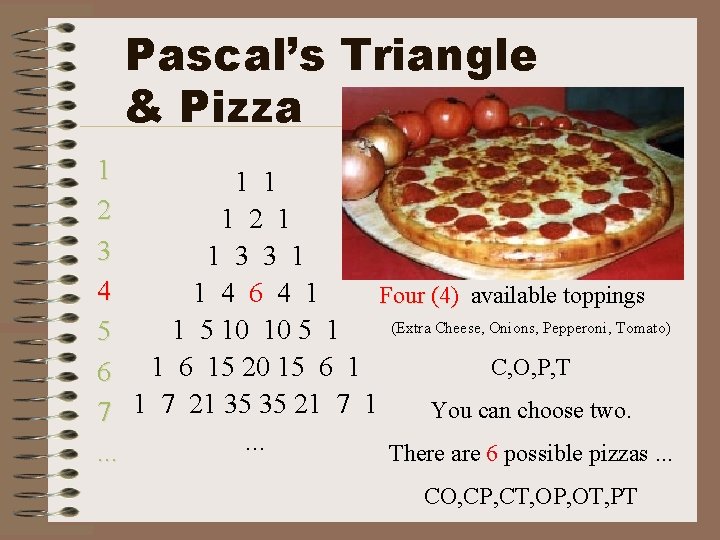 Pascal’s Triangle & Pizza 1 1 1 2 1 3 3 1 4 6