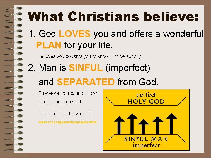 What Christians believe: 1. God LOVES you and offers a wonderful PLAN for your