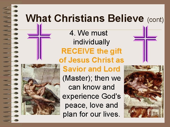 What Christians Believe (cont) 4. We must individually RECEIVE the gift of Jesus Christ
