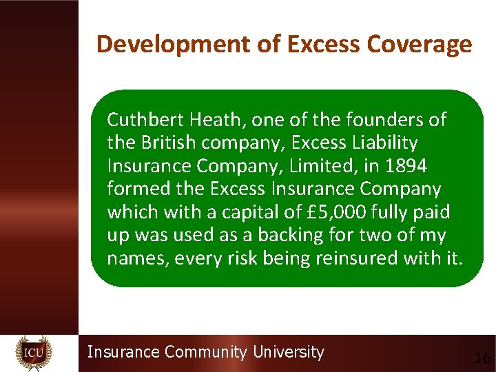 Development of Excess Coverage Cuthbert Heath, one of the founders of the British company,