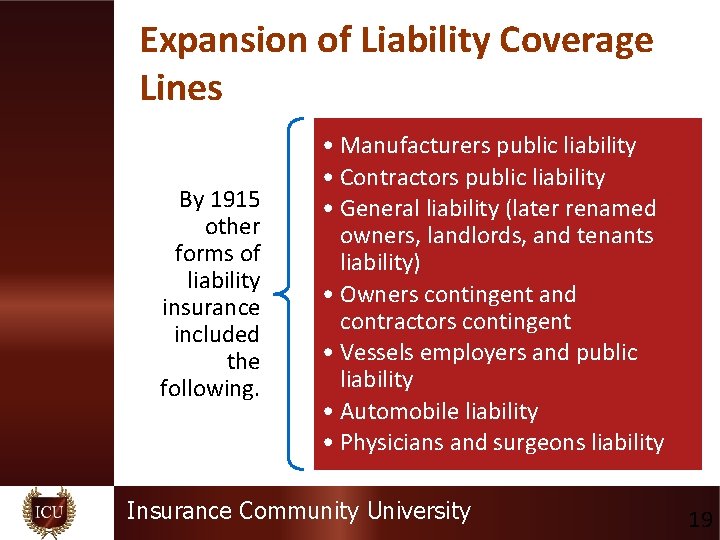 Expansion of Liability Coverage Lines By 1915 other forms of liability insurance included the