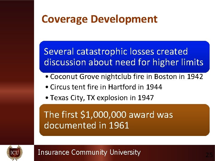 Coverage Development Several catastrophic losses created discussion about need for higher limits • Coconut