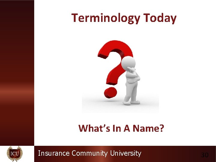 Terminology Today What’s In A Name? Insurance Community University 30 