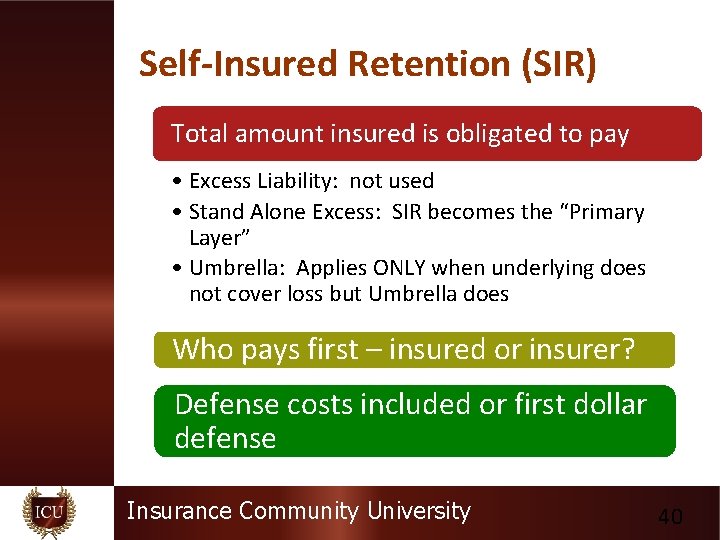 Self-Insured Retention (SIR) Total amount insured is obligated to pay • Excess Liability: not