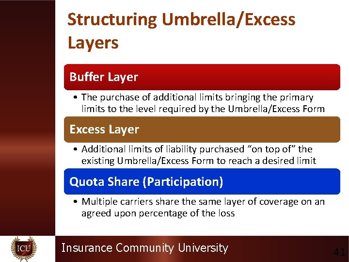 Structuring Umbrella/Excess Layers Buffer Layer • The purchase of additional limits bringing the primary