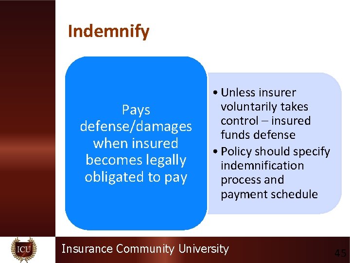 Indemnify Pays defense/damages when insured becomes legally obligated to pay • Unless insurer voluntarily