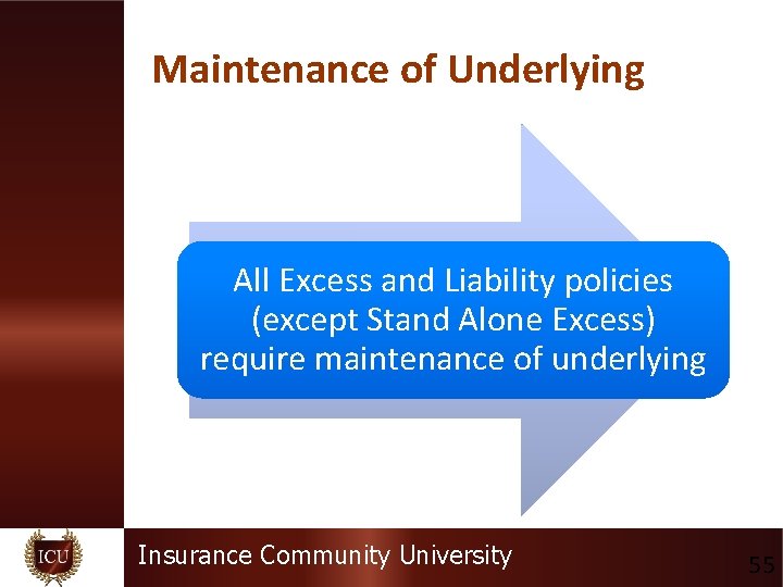 Maintenance of Underlying All Excess and Liability policies (except Stand Alone Excess) require maintenance