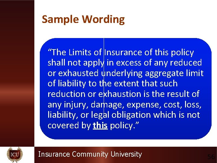 Sample Wording “The Limits of Insurance of this policy shall not apply in excess