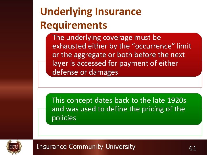 Underlying Insurance Requirements The underlying coverage must be exhausted either by the “occurrence” limit