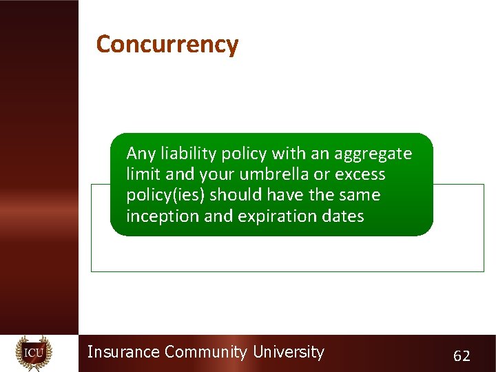 Concurrency Any liability policy with an aggregate limit and your umbrella or excess policy(ies)