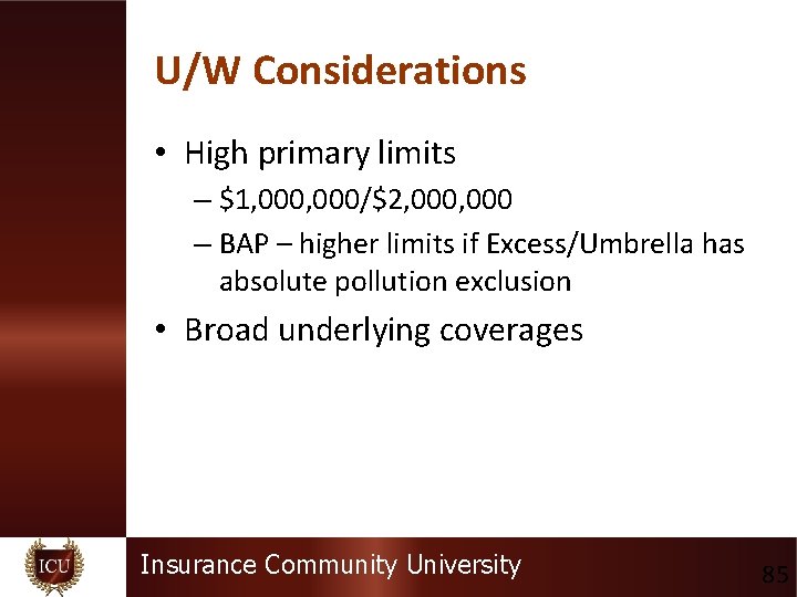 U/W Considerations • High primary limits – $1, 000/$2, 000 – BAP – higher