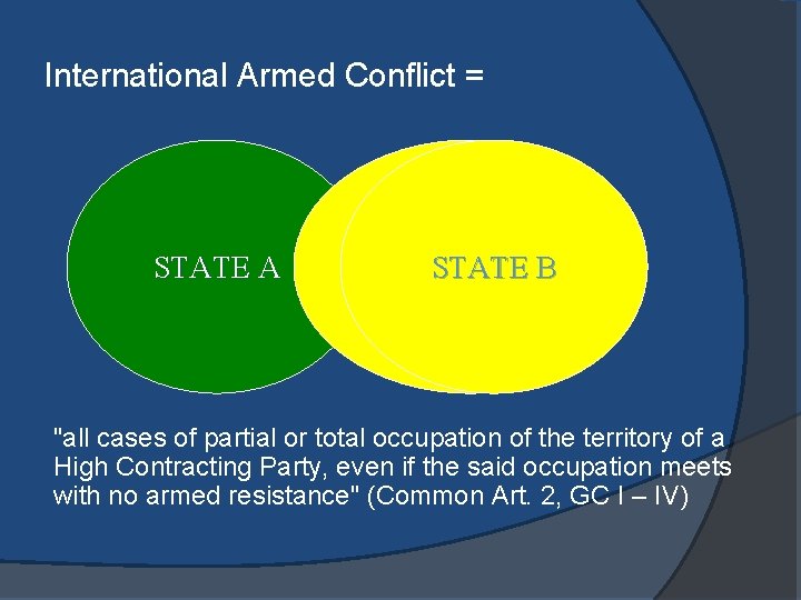 International Armed Conflict = STATE A STATE BB "all cases of partial or total