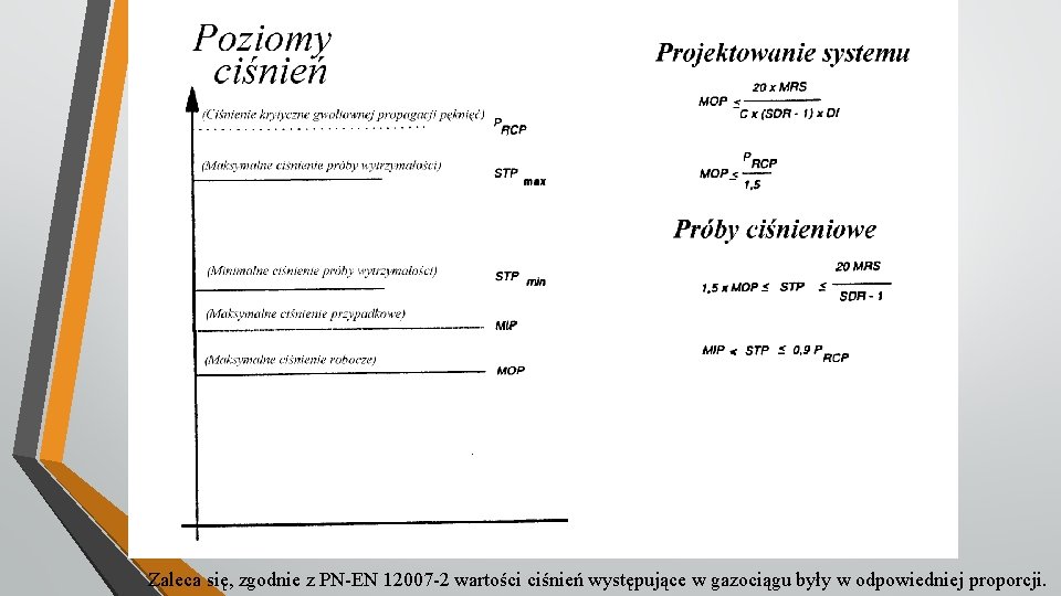 Zaleca się, zgodnie z PN-EN 12007 -2 wartości ciśnień występujące w gazociągu były w