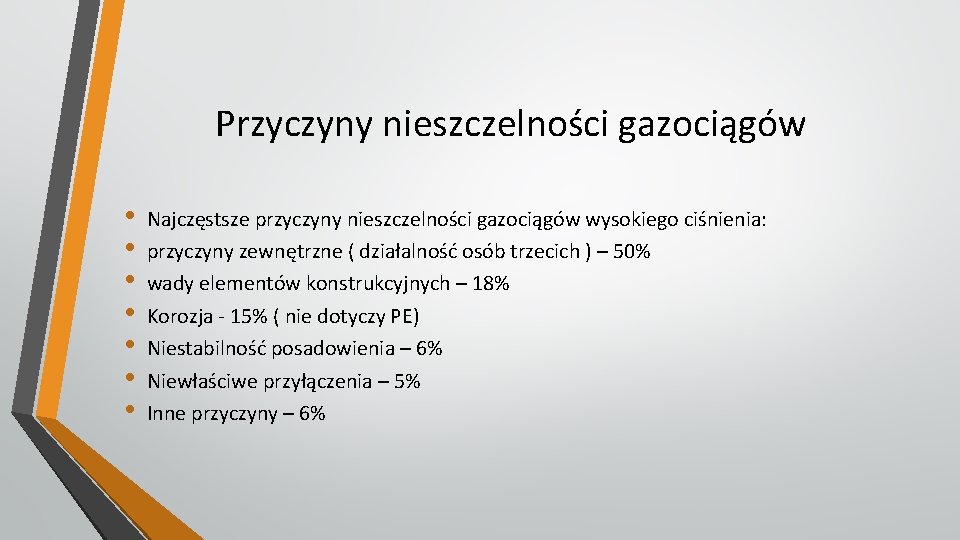 Przyczyny nieszczelności gazociągów • • Najczęstsze przyczyny nieszczelności gazociągów wysokiego ciśnienia: przyczyny zewnętrzne (