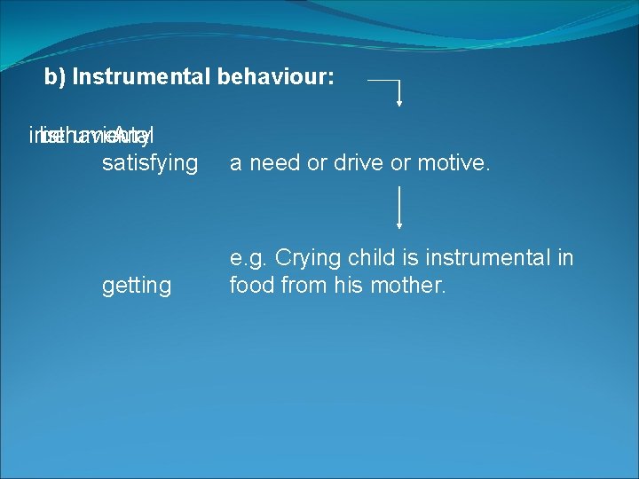 b) Instrumental behaviour: instrumental behaviour in Any satisfying getting a need or drive or