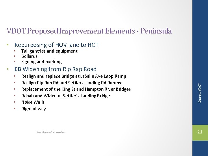 VDOT Proposed Improvement Elements - Peninsula • Repurposing of HOV lane to HOT •