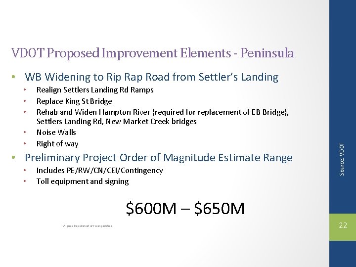 VDOT Proposed Improvement Elements - Peninsula • • • Realign Settlers Landing Rd Ramps