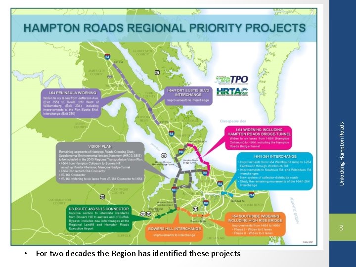 Unlocking Hampton Roads 3 • For two decades the Region has identified these projects