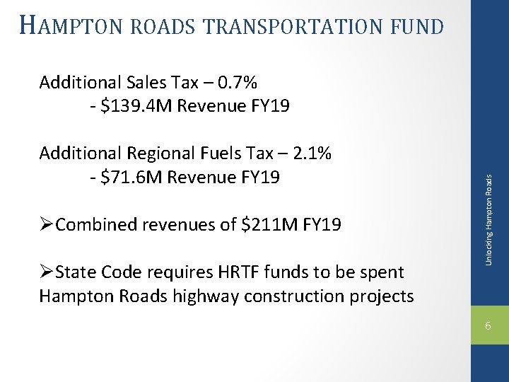 HAMPTON ROADS TRANSPORTATION FUND Additional Regional Fuels Tax – 2. 1% - $71. 6