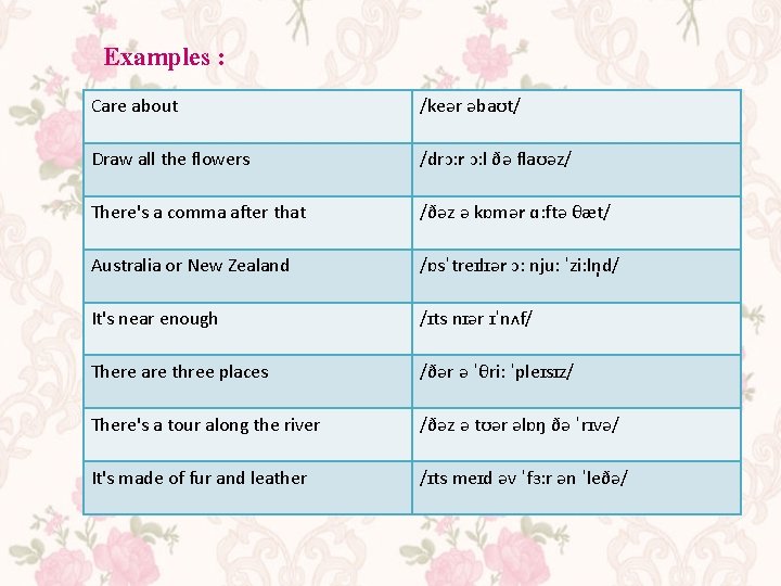 Examples : Care about /keər əbaʊt/ Draw all the flowers /drɔ: r ɔ: l Examples : Care about /keər əbaʊt/ Draw all the flowers /drɔ: r ɔ: l
