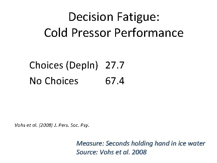 Decision Fatigue: Cold Pressor Performance Choices (Depln) 27. 7 No Choices 67. 4 Vohs