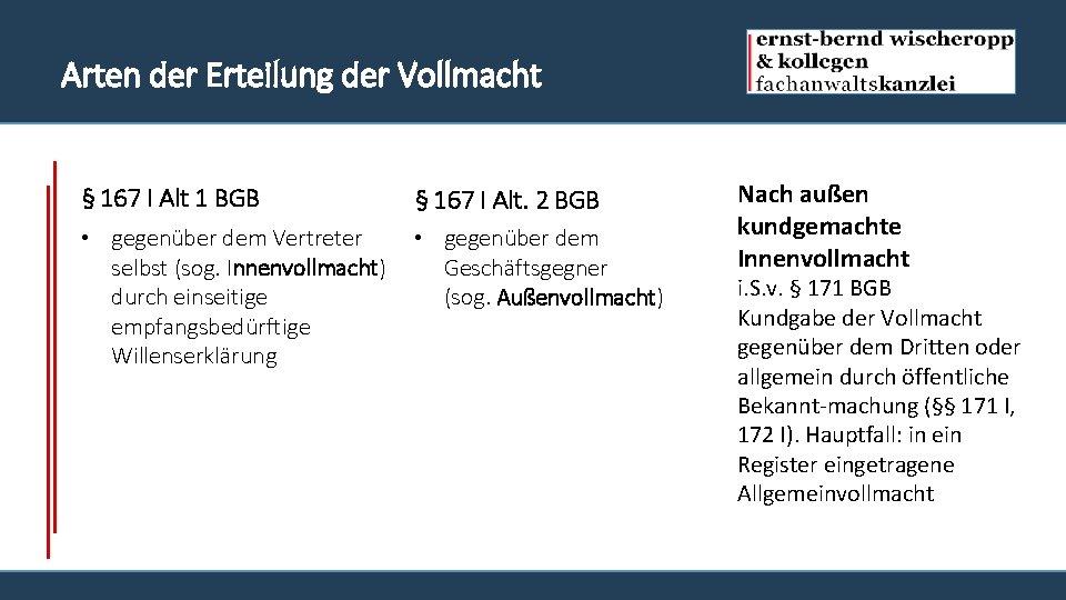 Arten der Erteilung der Vollmacht § 167 I Alt 1 BGB § 167 I