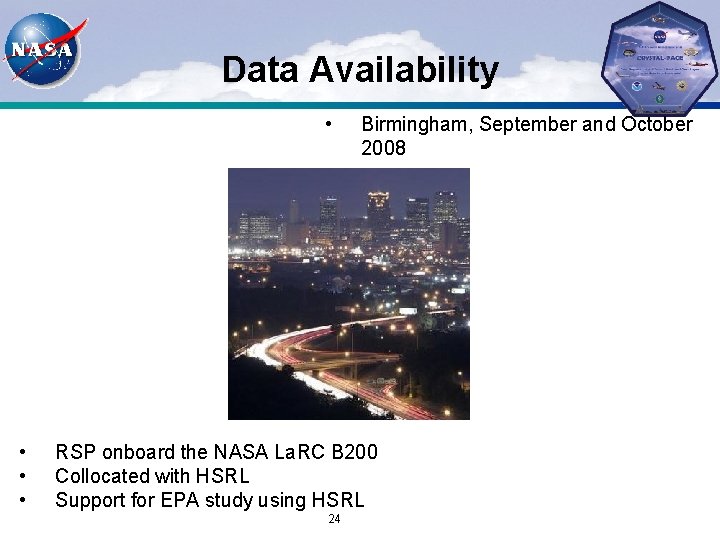 Data Availability • • Birmingham, September and October 2008 RSP onboard the NASA La.