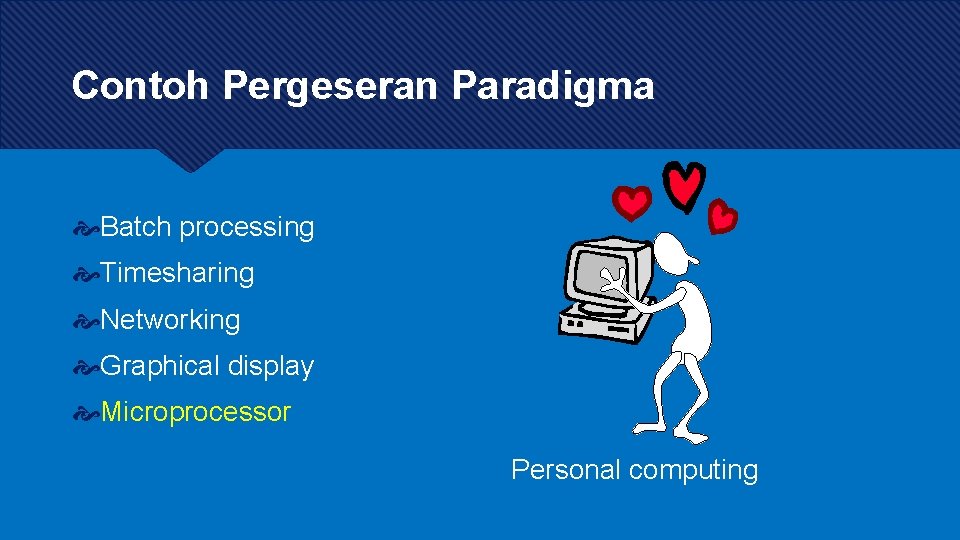 Contoh Pergeseran Paradigma Batch processing Timesharing Networking Graphical display Microprocessor Personal computing 