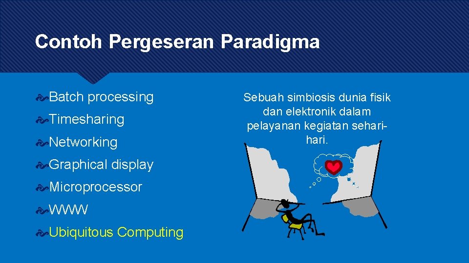 Contoh Pergeseran Paradigma Batch processing Timesharing Networking Graphical display Microprocessor WWW Ubiquitous Computing Sebuah