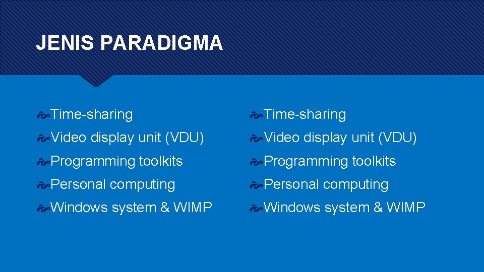 JENIS PARADIGMA Time-sharing Video display unit (VDU) Programming toolkits Personal computing Windows system &