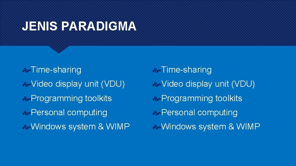 JENIS PARADIGMA Time-sharing Video display unit (VDU) Programming toolkits Personal computing Windows system & JENIS PARADIGMA Time-sharing Video display unit (VDU) Programming toolkits Personal computing Windows system &