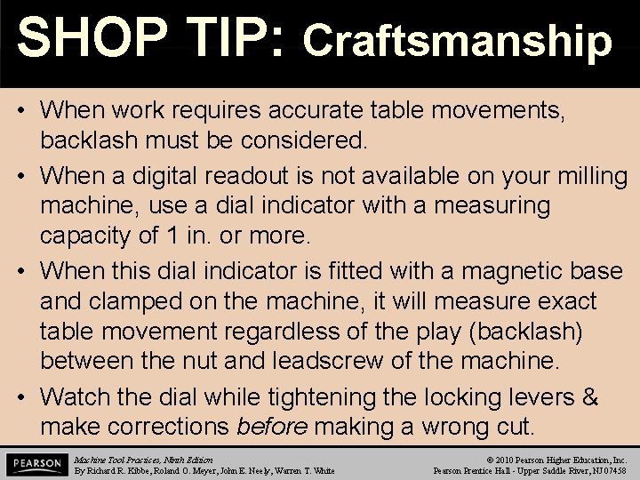 tab SHOP TIP: Craftsmanship • When work requires accurate table movements, backlash must be