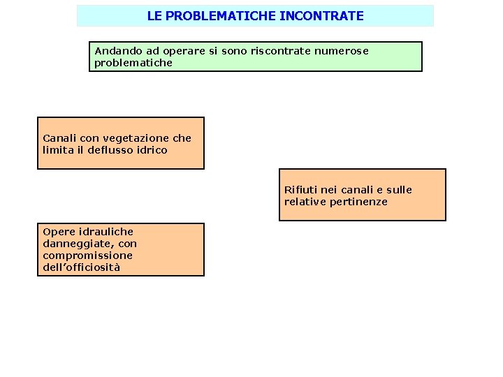 LE PROBLEMATICHE INCONTRATE Andando ad operare si sono riscontrate numerose problematiche Canali con vegetazione