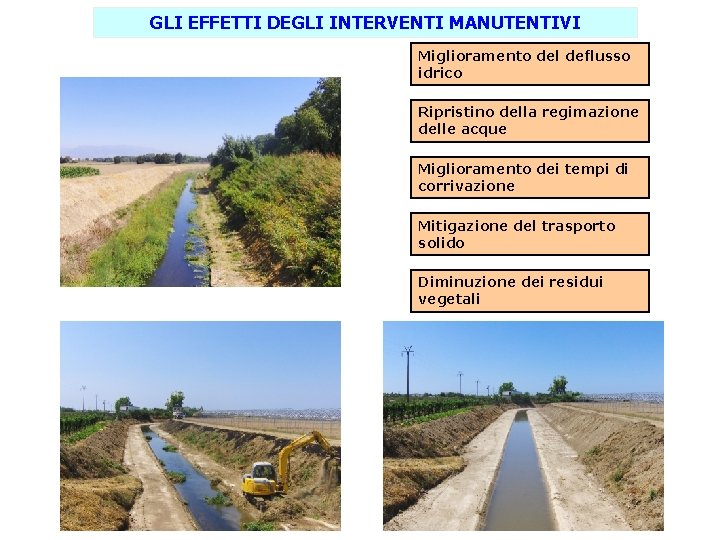 GLI EFFETTI DEGLI INTERVENTI MANUTENTIVI Miglioramento del deflusso idrico Ripristino della regimazione delle acque