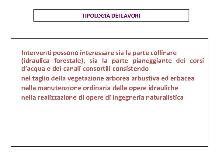 TIPOLOGIA DEI LAVORI Interventi possono interessare sia la parte collinare (idraulica forestale), sia la