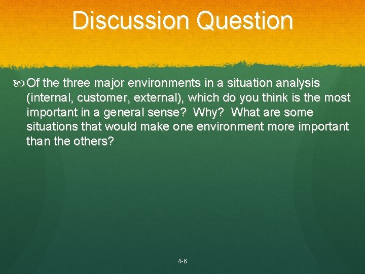 Discussion Question Of the three major environments in a situation analysis (internal, customer, external),