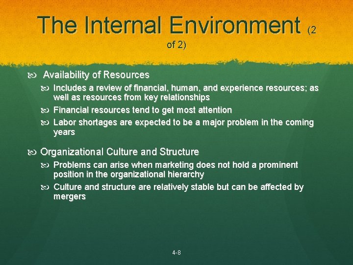 The Internal Environment (2 of 2) Availability of Resources Includes a review of financial,
