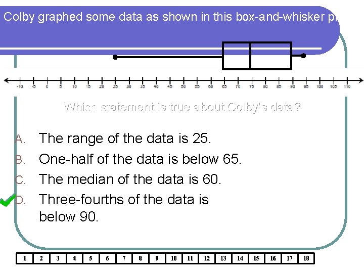 Colby graphed some data as shown in this box-and-whisker plot. Which statement is true